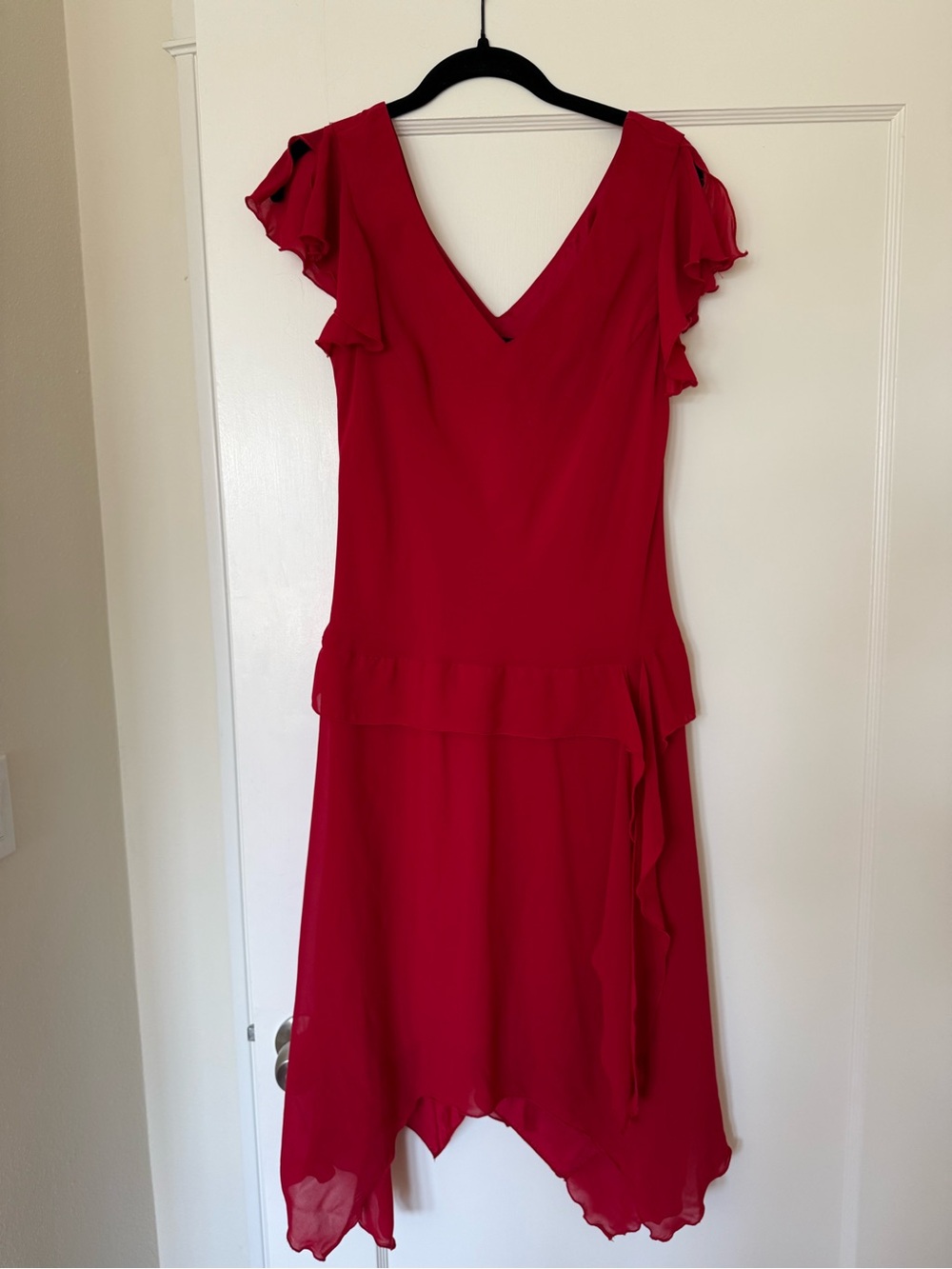 Vintage S.L. Fashions Petite Red Chiffon Ruffle Midi Dress 10P